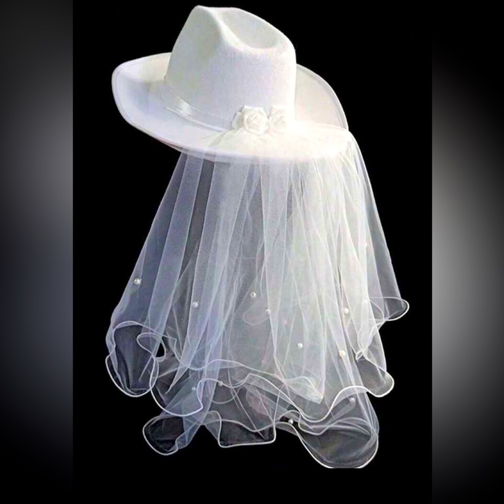 White cowboy hat with veil